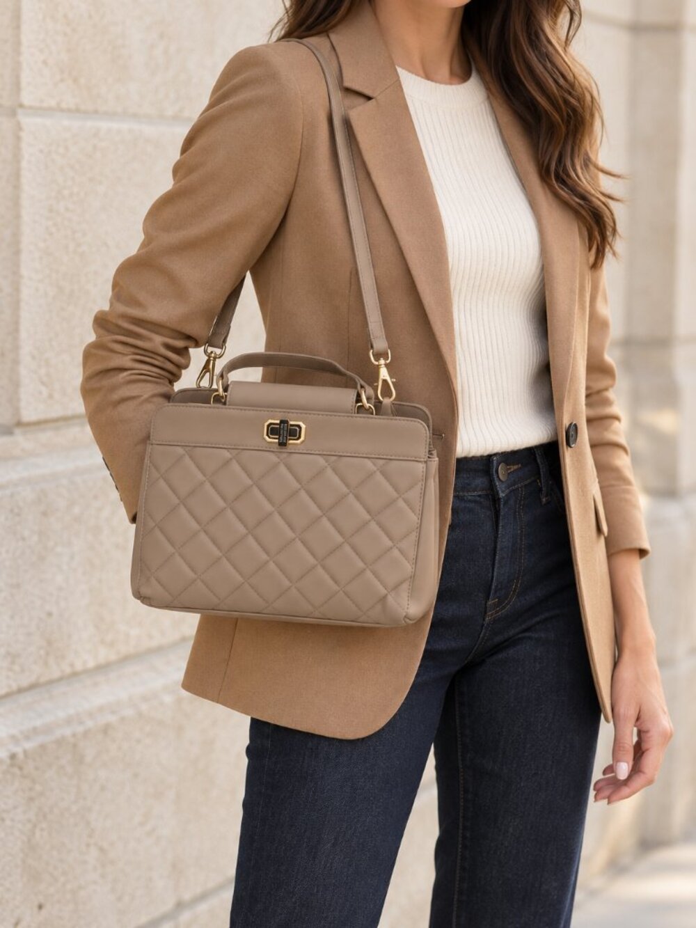 Badgley Mischka Taupe Quilted Turn Lock Mini Tote Bag BMH-510 NWT